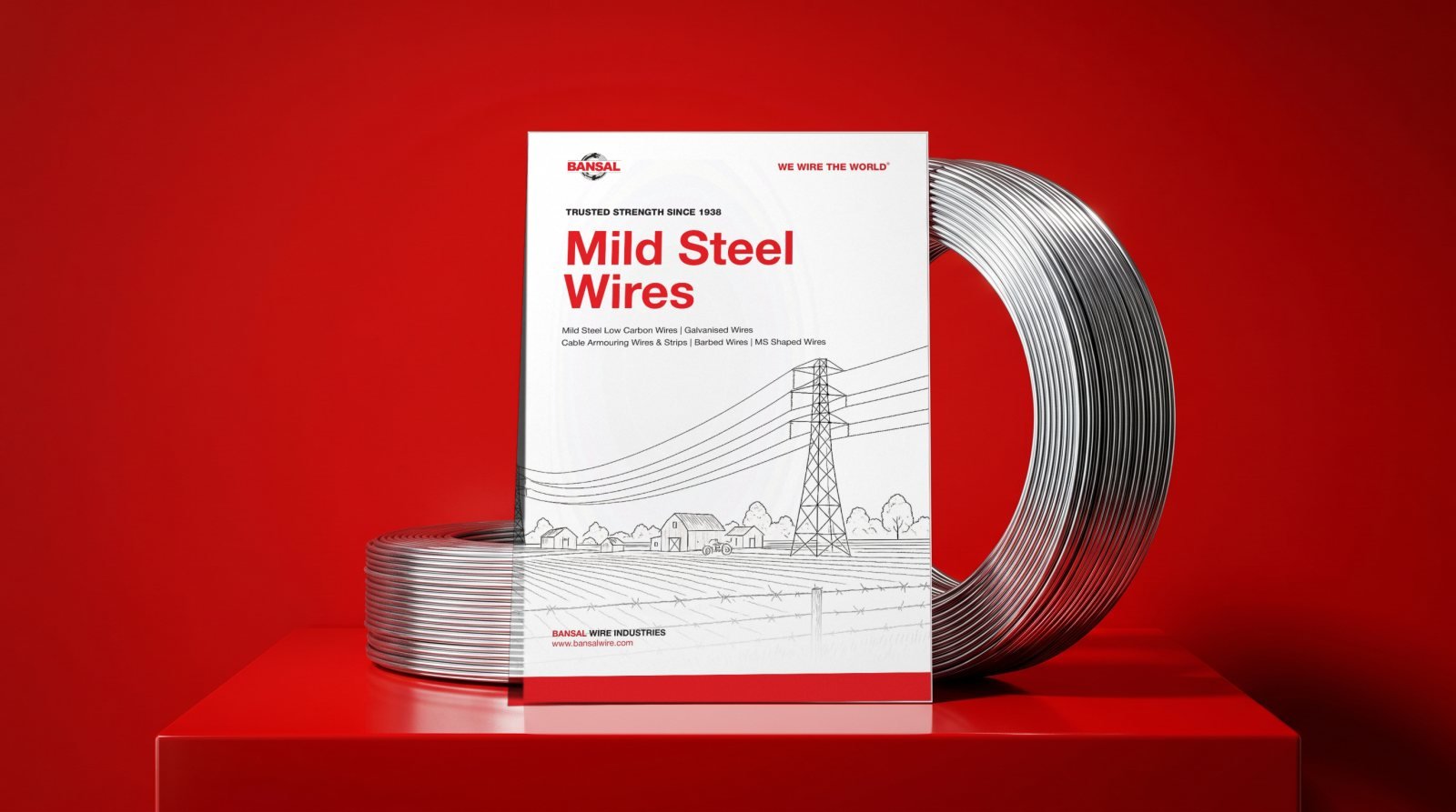 Bansal Wire mild steel wires brochure beside a coil of galvanised wire on a red plinth
