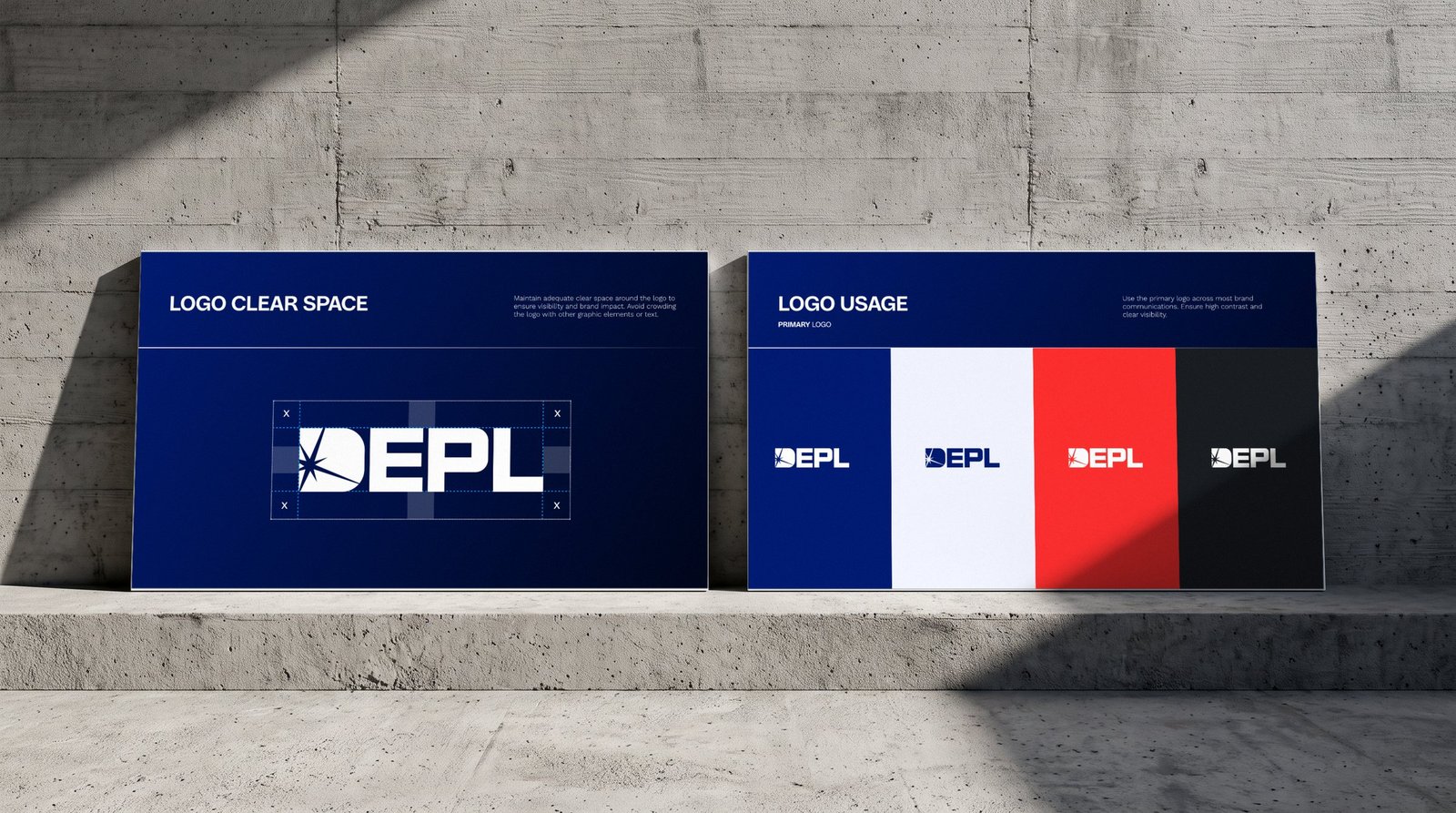 DEPL clear space and logo usage guideline boards against a concrete wall