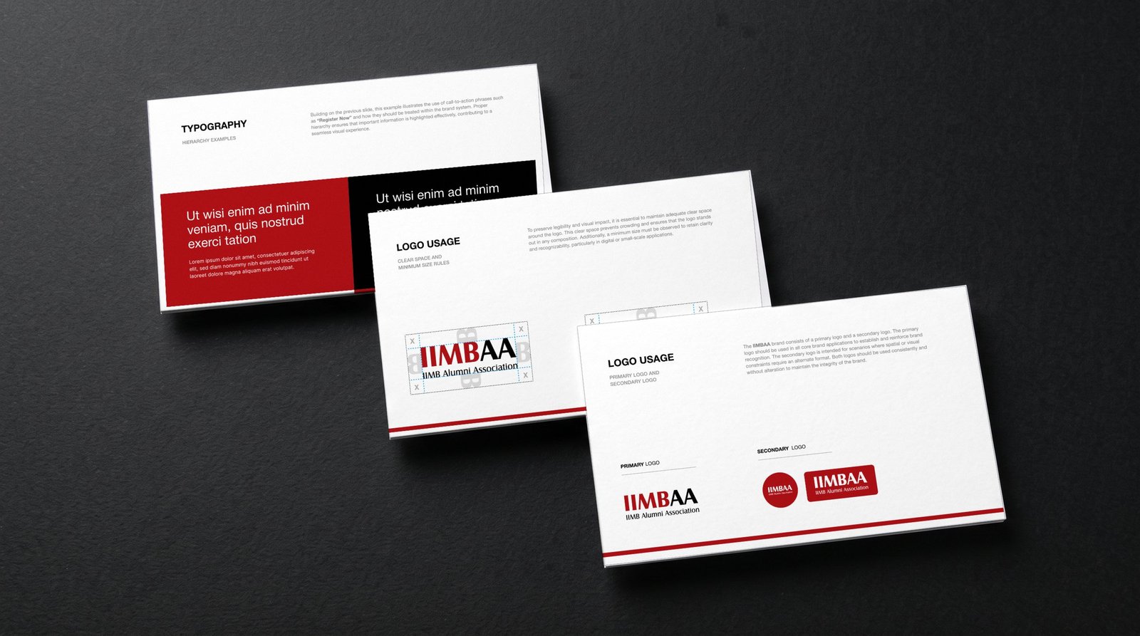 IIMBAA guideline slides printed as cards: typography, clear space and logo usage