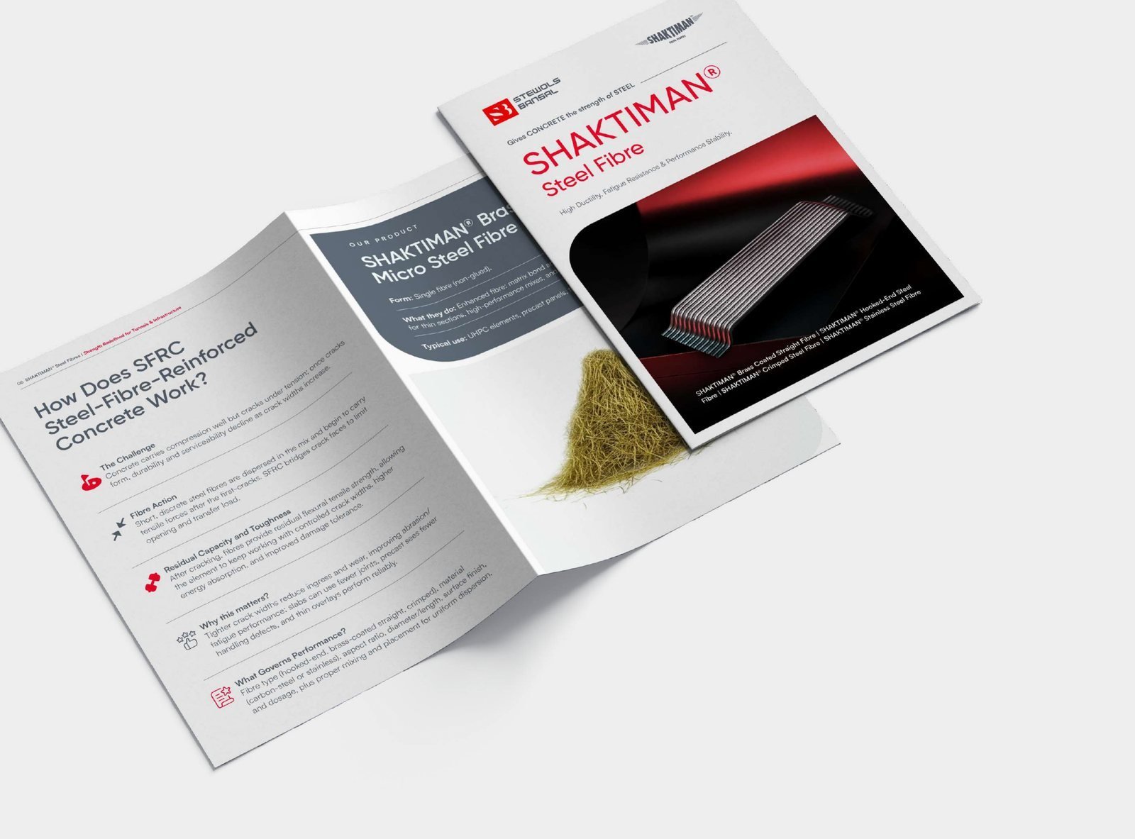 Stewols brochure spread explaining steel fibre reinforced concrete