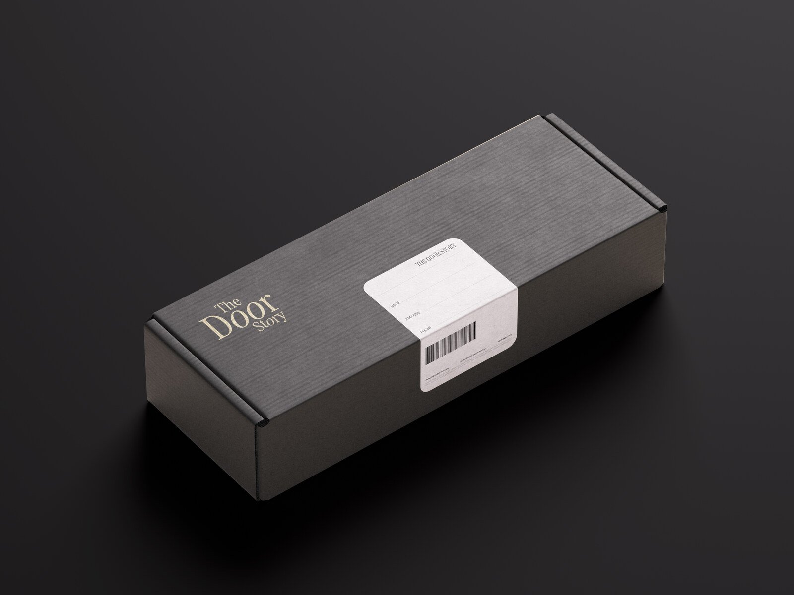 The Door Story shipping box with address label