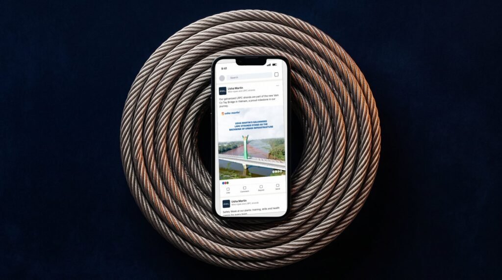Usha Martin LinkedIn post on a phone nested in a coil of steel wire rope