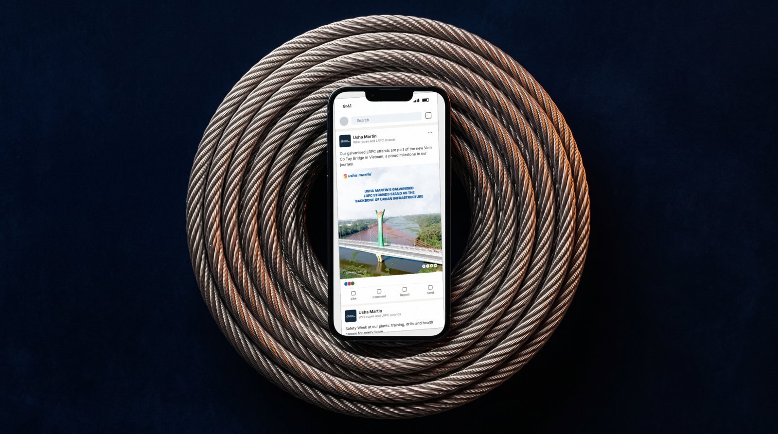 Usha Martin LinkedIn post on a phone nested in a coil of steel wire rope